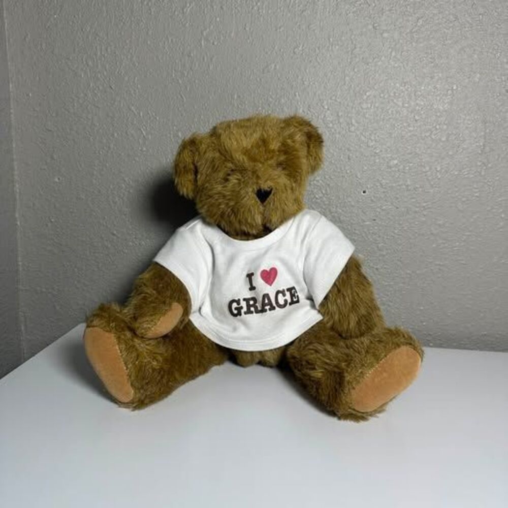 Vermont Teddy Bear Brown Plush with I Love Grace Shirt fully jointed